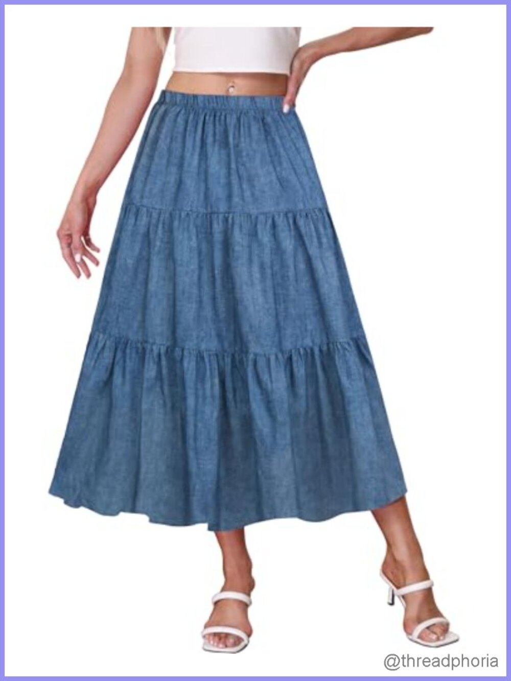 Flowy A-Line Midi Skirt High Waisted Tiered Cotton Polyester